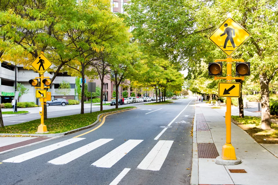 Striped crosswalk with yellow pedestrian crossing signs and grassy pedestrian island in Boston, Massachusetts